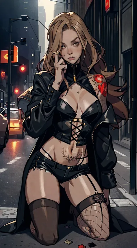 （Best quality at best，tmasterpiece），1girll，coiffed blonde hair，Brown hair，red tinted hair（emo girl，a puncture：1.3），fishnets stockings，Ultra shorts，Belly exposure，There are complex tattoos on the lower abdomen，long whitr hair，the night，street corner，Exposed...