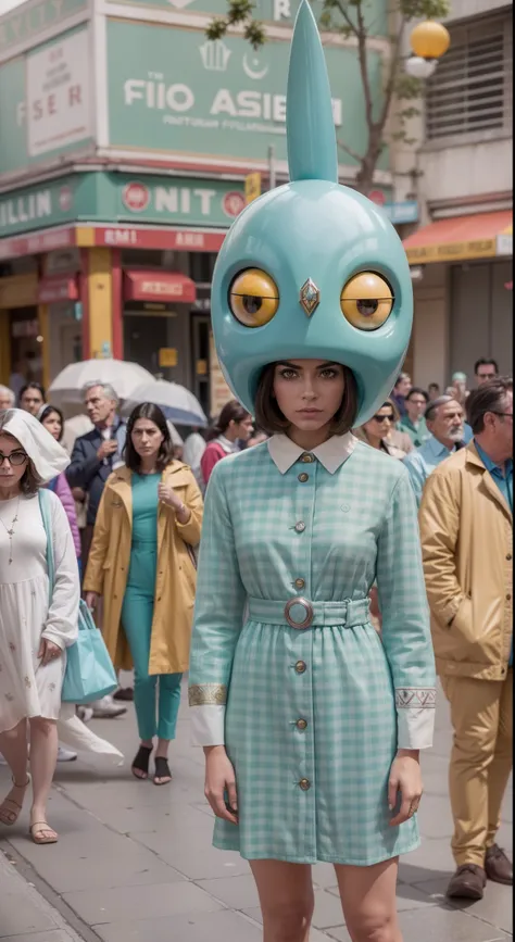 8k portrait of a 1960s science fiction film by Wes Anderson, em 1960, pastels colors, There are people wearing weird futuristic masks and wearing extravagant retro fashion outfits and men and women wearing alien makeup and old ornaments with mechanical pet...