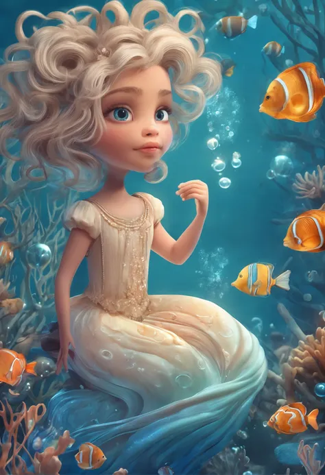 (extremely cute and delicate CG illustration, ultra-detailed and ultra-high quality), Menina sereia bonita, cabelos longos,  sentada em um caracol，with small mirror in hands, cercada por peixes ，Background of the underwater world，Vestido longo  azul e bran...