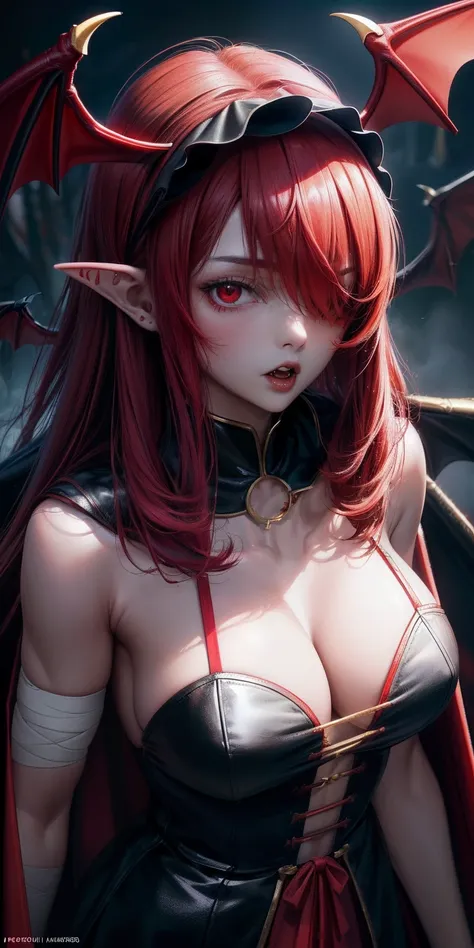 anime style,(RAW photo, 4k, masterpiece, high resolution, extremely complex) (realistic: 1.4),(Bandage wrapped around head covering one eye),(pointed ear),(big red bat wings), cinematic lighting , (((a half-vampire female character))), Ground Focus, (night...