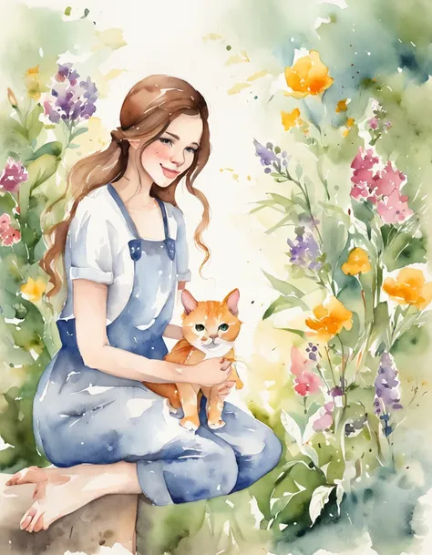 cat, fullbody,1 girl,
(pastel color:1.5),(cute illustration:1.5),(watercolor:1.2),white back ground,