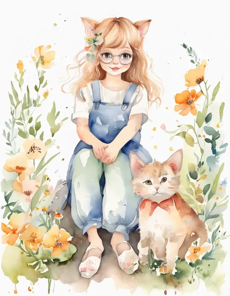 cat, fullbody,1 girl,
(pastel color:1.5),(cute illustration:1.5),(watercolor:1.2),white back ground,