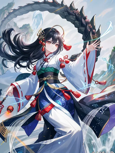 one-girl，Skin highlight，The texture is strong，Close-up of people，Black hair，Fluffy hair，Hanfu，Streamers，flowy，Flowing ink，Spread out energy，Riding a Chinese dragon，Landscape waterfall in background，Global illumination，rich details​（Thangka legend）