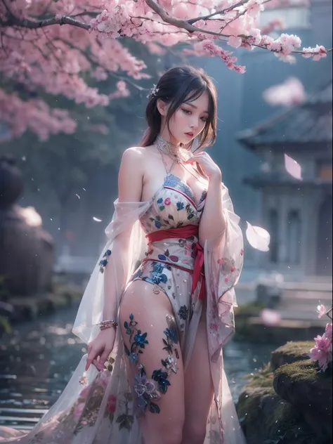 loose outfit、Show shoulders、Navel Ejection、How to wear a gown with a dark see-through halter neck broken、Decorated with intricate patterns and pastel colors、Transparent material that makes the skin shine、Artistic depiction of seductive woman in gown with w...