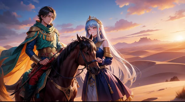 Prince of the steppe equestrian tribe empire and the king princess of the desert settled oasis city-state、Princess hugged by the prince、Smiling face to face、The joy of love、Tears of joy、Outside the desert fortress、Sand smoke、Turpan landscape、Red-tinted eve...