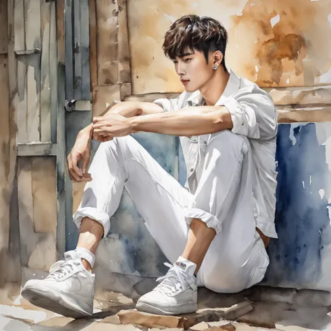 Alafed male model in white jeans and denim jacket leaning against wall, Korean Male, Jinyoung Shin, korean muscle boy 2 1 years old, model with attractive body, Cai Xukuns, taejune kim, male model, siwoo kim, inspired by Joong Keun Lee, Hyuntae, inspired b...