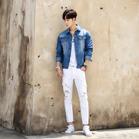 Alafed male model in white jeans and denim jacket leaning against wall, Korean Male, Jinyoung Shin, korean muscle boy 2 1 years old, model with attractive body, Cai Xukuns, taejune kim, male model, siwoo kim, inspired by Joong Keun Lee, Hyuntae, inspired b...