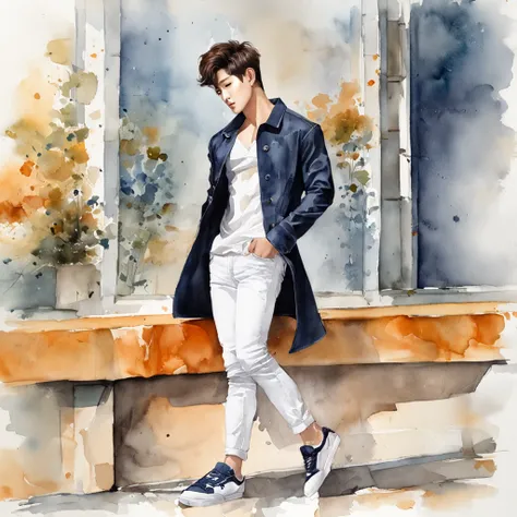 Alafed male model in white jeans and denim jacket leaning against wall, Korean Male, Jinyoung Shin, korean muscle boy 2 1 years old, model with attractive body, Cai Xukuns, taejune kim, male model, siwoo kim, inspired by Joong Keun Lee, Hyuntae, inspired b...