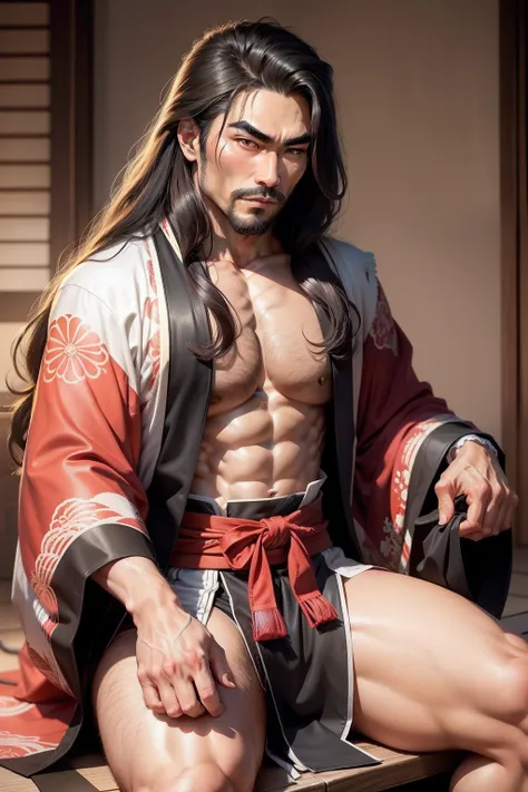 （hoang lap，high high quality，Correct human body，ultra - detailed，Hand-drawn）Long-haired samurai uncle，Thick eyebrows，Handsome and powerful，Delicate facial features，Bundled，Be red in the face，Sit on your knees，black kimono，The kimono was torn，chest muscle，w...