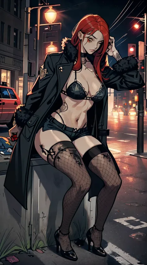 （Best quality at best，tmasterpiece），1girll，red tinted hair（emo girl，a puncture：1.3），fishnets stockings，Ultra shorts，Belly exposure，There are complex tattoos on the lower abdomen，long whitr hair，the night，street corner，Exposed long-sleeved thick coat，Slim f...