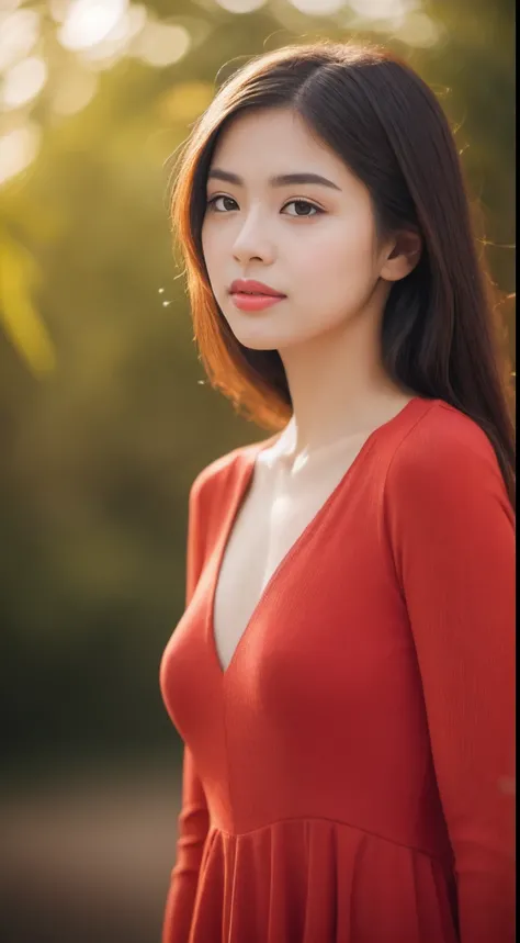 Create a realistic image of a stunning woman in a red dress with a blurred background, using a telephoto lens like an 85mm, 100mm, or 200mm to isolate the subject and achieve a shallow depth of field. Utilize a camera model like the Sony α7 III, Nikon D850...