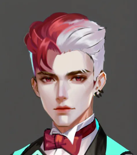 There is a man with red hair and bow tie, Delicate androgynous prince, inspired by Yanjun Cheng, Beautiful androgynous prince, 2d portrait, rossdraws portrait, drawn in anime painter studio, Rosla 1. 0, made with anime painter studio, detailed character po...