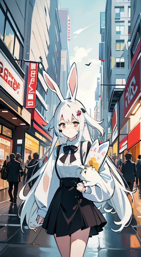 Bunny ears，long whitr hair，White color hair，look up to，Shopping，On the streets of the city，