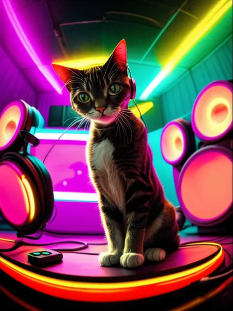 A photo of: a cat wearing headphones while grooving to music, in a neon art-inspired setting, taken with a vintage film camera and a fisheye lens, under vibrant colored lights, capturing the essence of playful surrealism. --auto