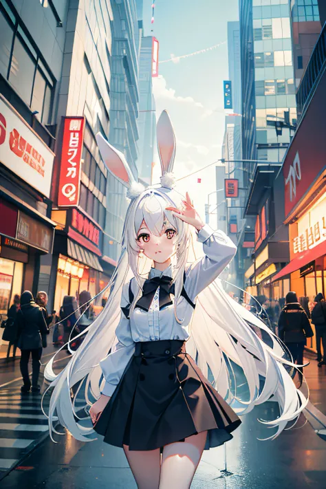 Bunny ears，long whitr hair，white color hair，look up to，Shopping，On the streets of the city，