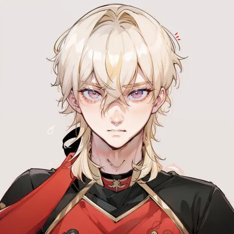 A man with blonde hair and glasses wearing a red and black uniform, Keqing de Genshin Impact, Gatilho Estilo de Arte de Anime, arte chave do anime, Beautiful androgynous prince, como um personagem de anime, cara bonito na arte demon slayer, personagem de a...