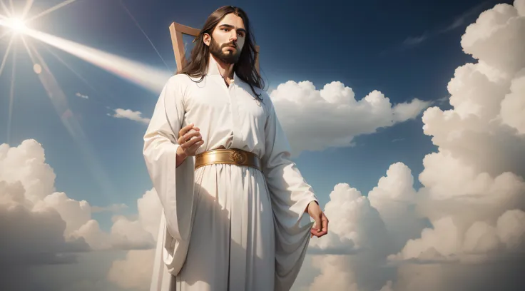 jesus cristo com roupas humildes brancas nas nuvens, raios de luz em seu rosto, realismo extremo, tom celestial