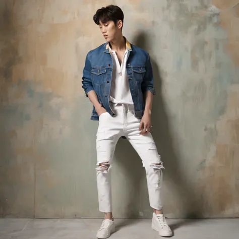 Alafed male model in white jeans and denim jacket leaning against wall, Korean Male, Jinyoung Shin, korean muscle boy 2 1 years old, model with attractive body, Cai Xukuns, taejune kim, male model, siwoo kim, inspired by Joong Keun Lee, Hyuntae, inspired b...