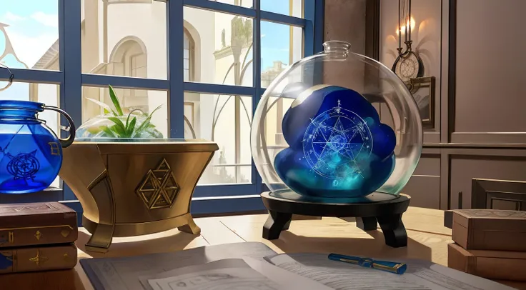 estilo anime, homunculo en frasco full metal alchemist, slime en frasco, alquimia, Paper transmutation circle, The strangely blue homunculus is inside an alchemy jar on the table.