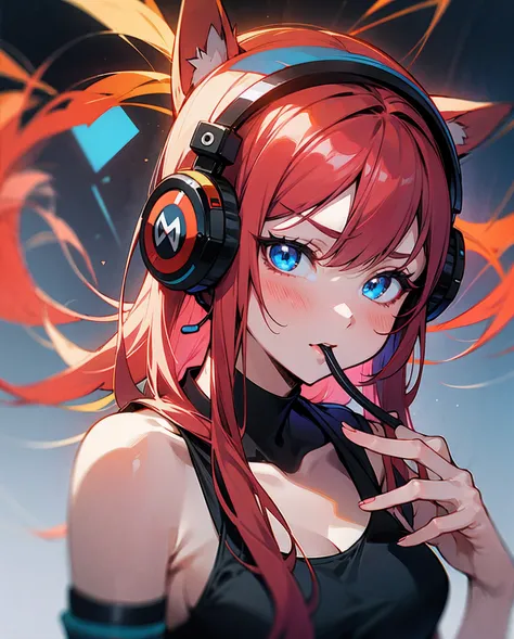 8k,anime style,a girl with fox ears,listening to music with headphones,perfect face,long red hair,blue eyes(drawn by dark blue),black top,shorts,
 head,mutant head,extra head,duplicate fingers,defective fingers,mutant fingers,extra fingers,missing fingers,...