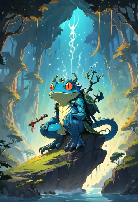 Rob Gonsalves/world of warcraft/Cuphead art style, vectorial, scribbles, Logo design, Full body illustration of anthropomorphic drawing of a frog man in silhouette::1.0 wearing a staff, Wearing ancient costumes，The mage wears， Combat posture , In battle，Mo...