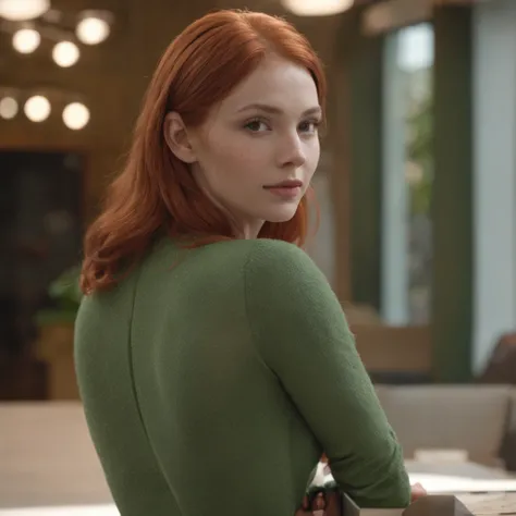 (Professional 3D rendering:1.3) de (Realistic:1.3) foto de arte mais bonita do mundo，mulher ruiva na cafeteria, (( epic fantasy elegant woman universe movies riverdale netflix, long red hair pale ginger clothes moss green and black )), corpo inteiro 8k uni...