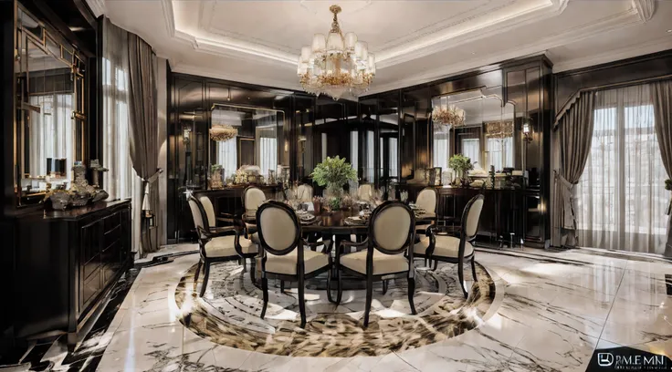 there is a dining room with a table and chairs in it, round dining room with curtains at the windows, the ceiling has a round co...