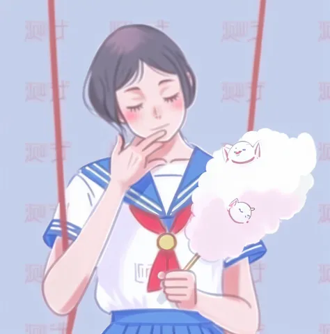 Anime girl in sailor outfit holding marshmallow,Soft anime illustration, Clean lines