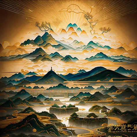 An ancient Chinese painting， ancient chinese background，gourds，Mountains and rivers， Auspicious clouds， rays of sunshine， tmasterpiece， super detailing， Epic composition， hyper HD， high qulity， extremely detaile， offcial art， 统一 8k 壁纸， super detailing， 32k...