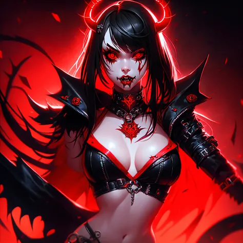 anime devil girl psd, in the style of realism with surrealistic elements, hellish background, piratepunk, detailed character illustrations, 32k uhd, crimson and black, detailed character design,