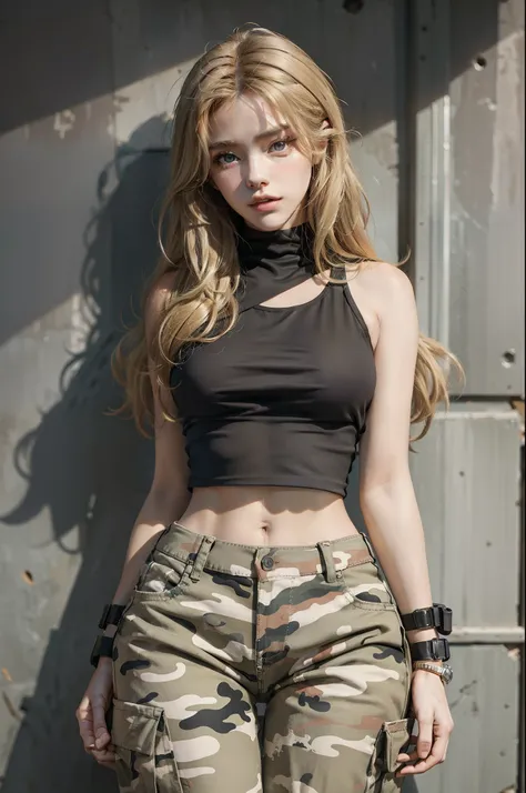 1 beautiful woman, Medium breasts,Medium blonde hair,Wearing a black top,Camouflage military pants,Perfectcomposition, Perfect anatomy, Masterpiece, Extremely detailed, Vibrant colors,