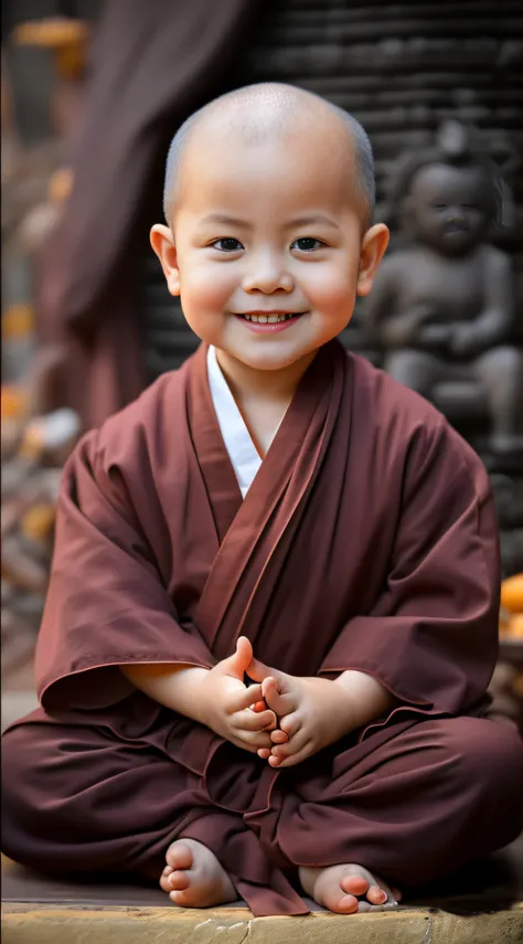 A little monk with a toddler，had his hands folded，sit with legs crossed，Orange monk robe，Perfect facial features，face to the viewer，with black background