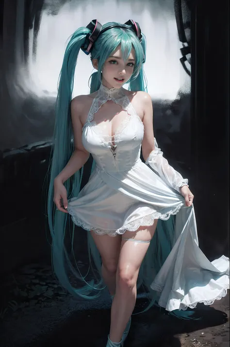 (((hatsune miku charakter))), (((tosca hair color))), ((long twin tail hair with pony)), looking at the view, eyes on the view, smile (big smile), (open mouth), (((full body photo))), 21 years old girl, perfect body, perfect anatomy, tosca eye color, doubl...