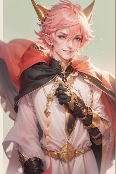 pretty boy, boy, guy, elf guy, short fluffy hair, peach pink colored hair, green eyes, elf ears, white medieval shirt with puffy sleeves, smirk, smile, sly, golden accents, gold jewelry, long black cape with red inside, large black wizard hat red inside, l...