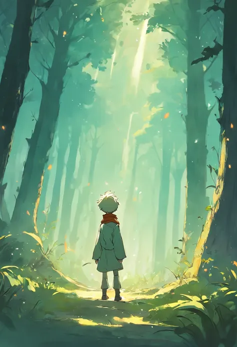 The little prince wears the horses，Facing the mysterious forest。He looked determined，Get ready to embark on an adventure。The forest is surrounded by mysterious lights and misty trees。