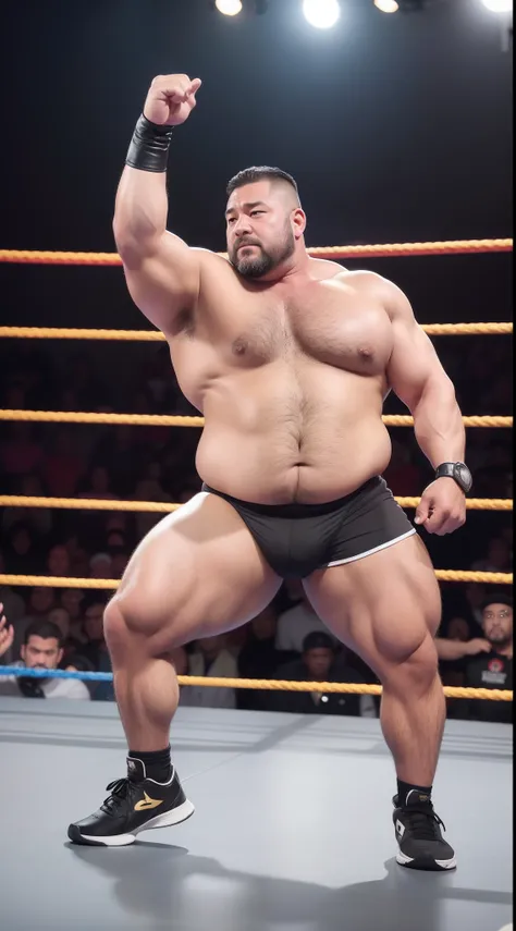 solo person，male people，Muscle wrestler，musculous，Stout wrestler，jpn，uncle，45-year-old middle-aged man，Short hair，short detailed hair，Wrestling boots，athletic sneakers，Full body like，Panorama Figures，WWE rings，WWE American professional wrestling，spotlight ...