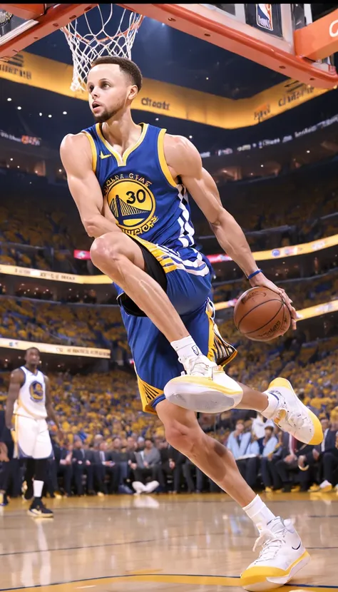 Stephen Curry jogando pelo Golden state Warriors , quadra de basquete , Standard scenario , imagens sem deformidades , olhar fixo , melhor qualidade total , obra prima