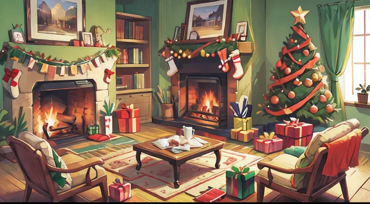 Christmas tree，gifts，fireplace，the night，Cartoon illustration style，