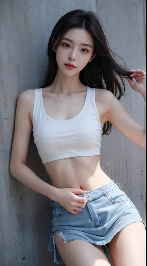 Top image quality、RAW photography、超A high resolution、24 years old cute girl、Limited to one person，Short pleated skirt，Sports bra，vests，The girl poses for a photo，（The skirt is raised：1.8)，(Show panties 1 .9)，full bodyesbian，Slim body，Slim girl model，woman ...