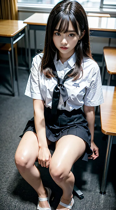 (8K, Raw photography, top-quality, ​masterpiece:1.2),  One Woman、Japan at the age of 18,fullllbody.{scinematic angle、Wide Angle}（Realistic Skins 1.4）、（（（female high-school student、School Uniforms、）））、{{‎Classroom、Sitting on a chair、}}（（School Uniforms、Cutt...