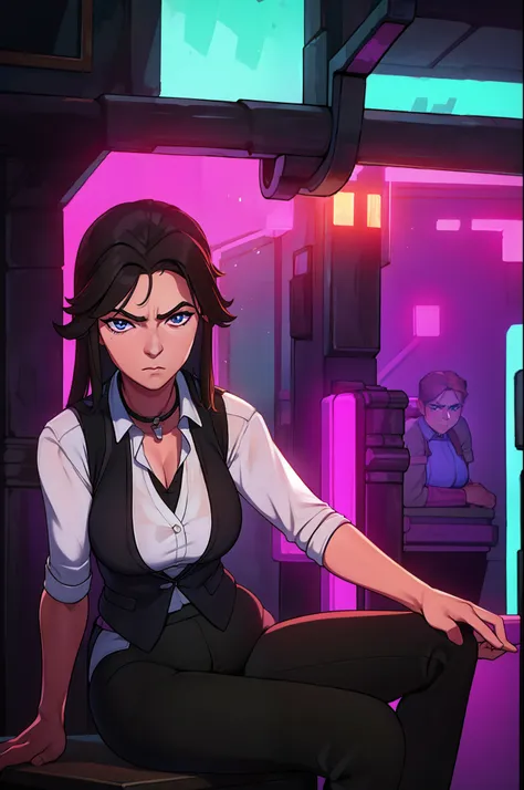 mature thicc female with dark brown long hair, wearing black business vest, wearing black business pants, sitting in bar, uv lights, unimpressed look on her face, owner