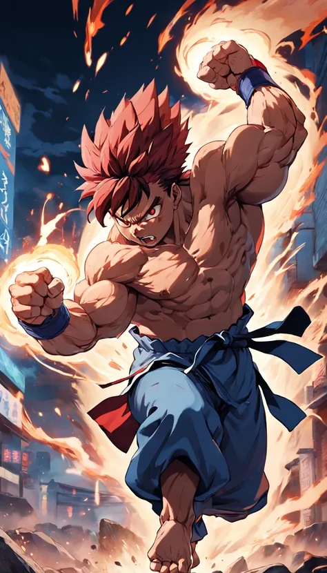 Ryu usando o hadouken  , Scenario with destruction , imagem do akuma de fundo , Street Fighter style setting , imagens sem deformidades , melhor qualidade total , obra prima