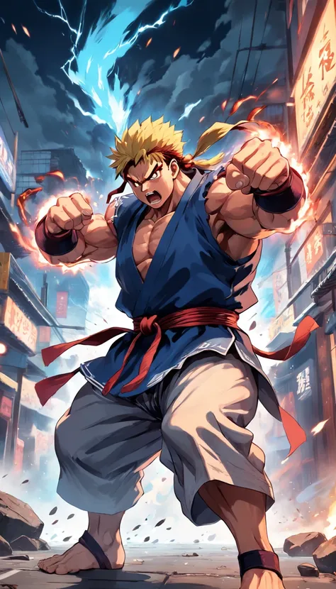 Ryu usando o hadouken  , Scenario with destruction , imagem do akuma de fundo , Street Fighter style setting , imagens sem deformidades , melhor qualidade total , obra prima