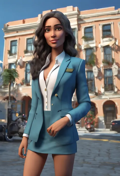 Full entire body of young Latina woman, tanned skin, perfect body, big blue eyes,  white collor hair,  very long and alive hair. dressed in business attire  suit  collored with  blue, yellow and green looking at to the camera and smilling  . ultrarealistic...