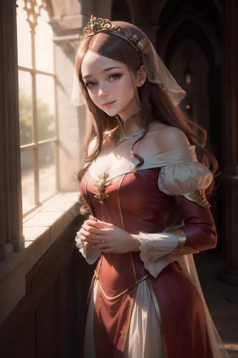 Solo, Standing in the Cloister of the Kingdom, girl with, Golden Blood Red Night Suit, looking straight, Blush in love, Smiling, Happy, Confess love(delicate illustration:1.4), (Renaissance art:1.4), (masutepiece:1.0), (Best Quality:1.4), (超A high resoluti...