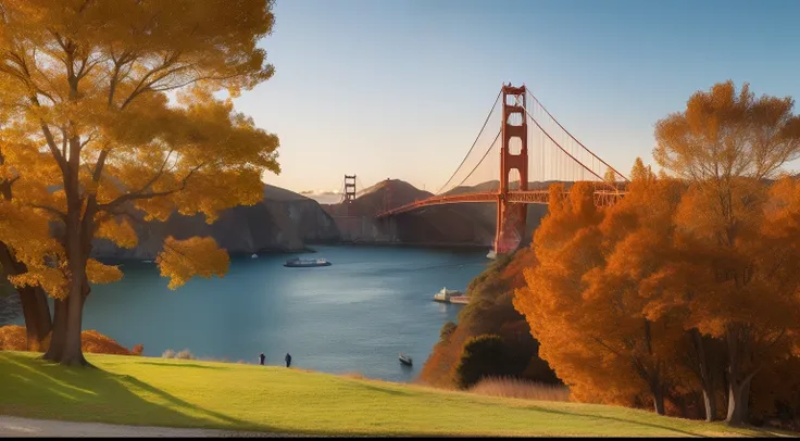 Create an autumn scene，There is a castle and the Golden Gate Bridge，tmasterpiece，High Picture Quality