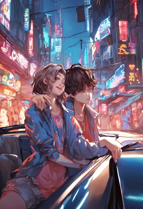 "Image Quality: 8K (Best Quality Scale: 1.2), Artistic Style: Realistic, Photorealistic Factor: 1.37, Clarity: Ultra High Definition, Subject: 2 teens handsome boy and cute girl driving , different k pop outfit random hair blue, or brown neon color and oth...