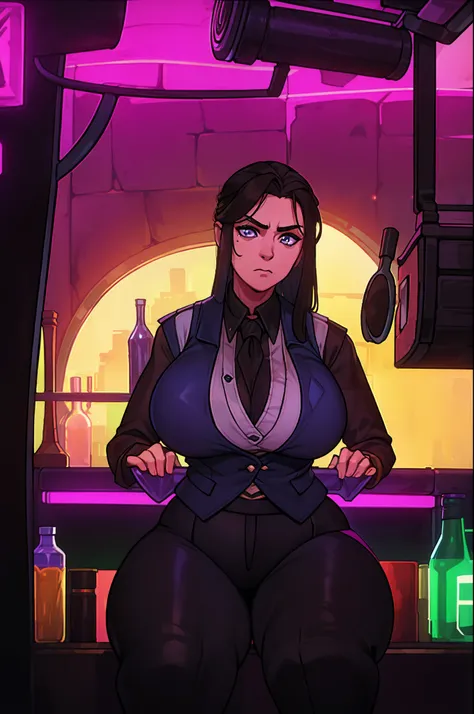 mature thicc female with dark brown long hair, wearing black business vest, wearing black business pants, sitting in bar, uv lights, unimpressed look on her face, owner