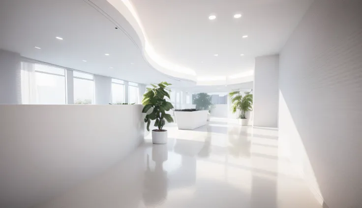 there is a white reception in a large room, all white render, minimalist interior, back ground is minimalist white wall ( lighting realistic, see throung office workspace), led lighting on ceiling, white-space-surrounding, rendered in v-ray, smooth surface...