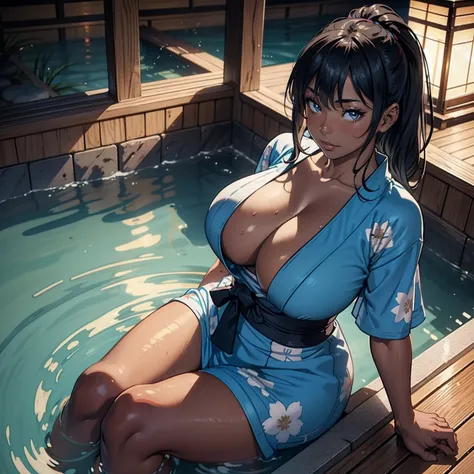 there is a woman that is sitting in a bath tub,(((A MILF: 1.4))), (Curvy:1.35),(((Dark skin)))，legs apart，Curvy physique, Fitness model, Thick body,blue yukata， (( out)), breasts out,Japanese onsen, high-end onsen, Onsen, sakimichan, Japan goddess, takada ...